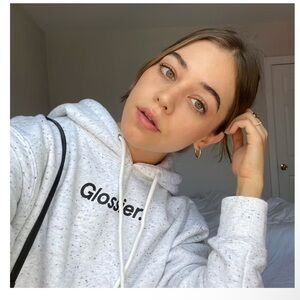 Glossier Makeup Hoodie Sweatshirt Size Medium Terrazzo Speckle Grey Logo Baggy